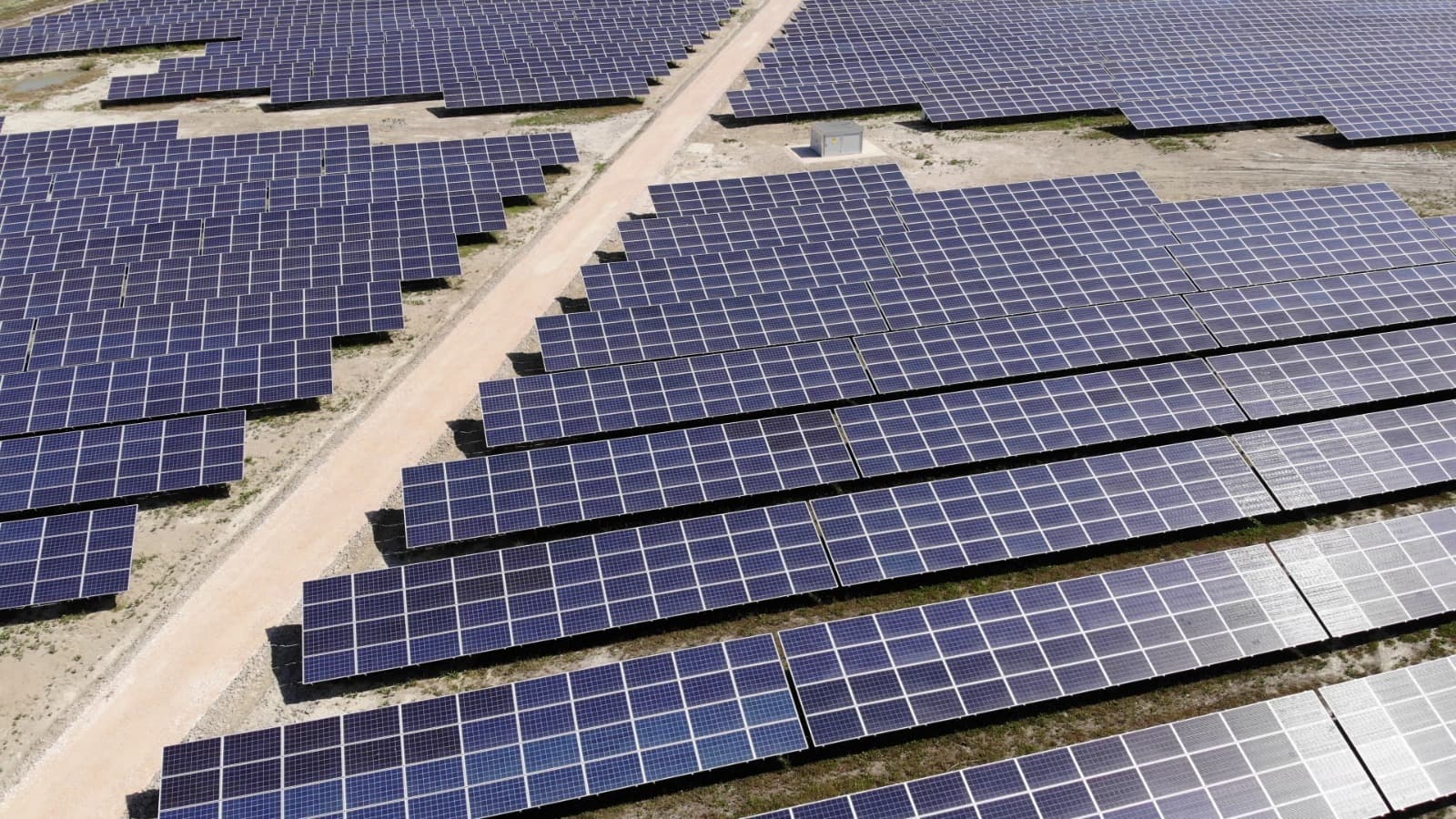 Aerial view of the Seman Power solar park in Fier, Albania
